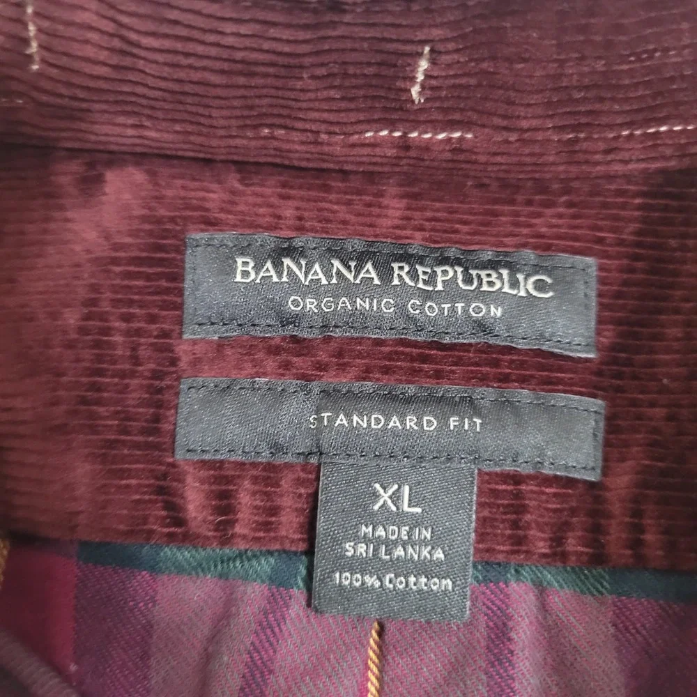 Banana Republic XL Flannel Shirt Mens Burgundy Plaid‎ Corduroy Elbow Patches